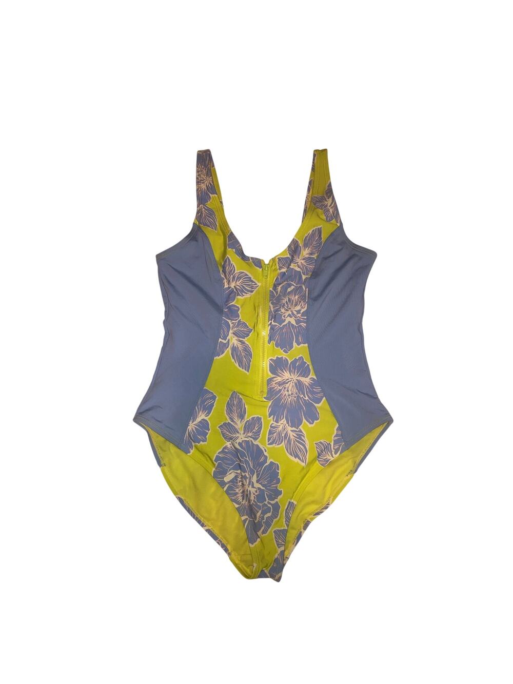 Catalina One Piece Swimsuit Size L Blue Hibiscus Floral Colorblock Zip Scoop